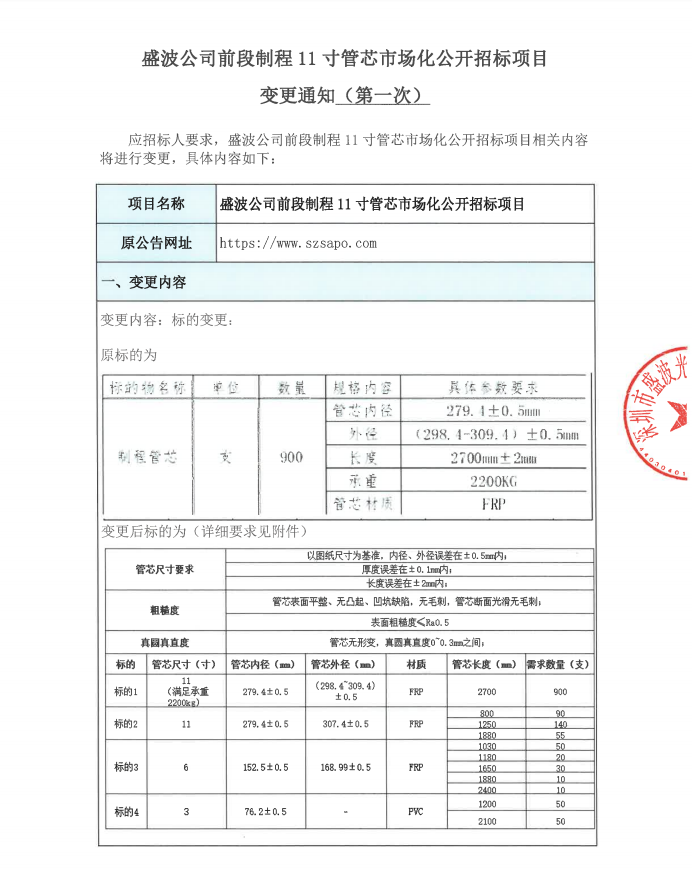 关于盛波公司前段制程11寸管芯市场化公开招标项目变更澄清函